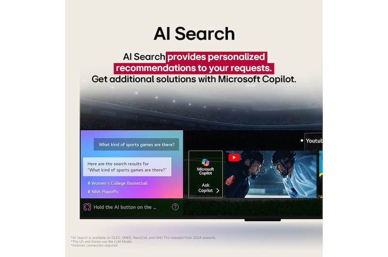 75NANO83ASB - Close-up of an LG TV screen showing how AI Search works. A small chat window is open showing how the user asked for what sports games are available. AI search responded via chat and by showing thumbnails of available content. There is also a prompt to ask Microsoft Copilot.
